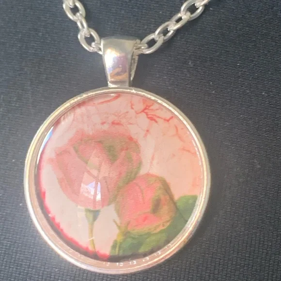 Necklace rose bud glass round pendant charm - Picture 2 of 7